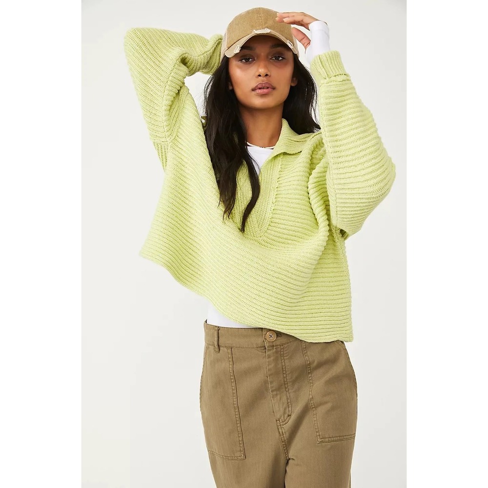 Free People Marli Sweater Acid Lime Green Ribbed V-Neck Pullover OB1332205 Small